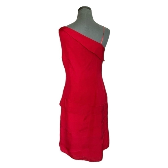 Women’s Dress Vintage Papell Boutique Evening Red Silk One Shoulder Ruffle Dress - Picture 5 of 8